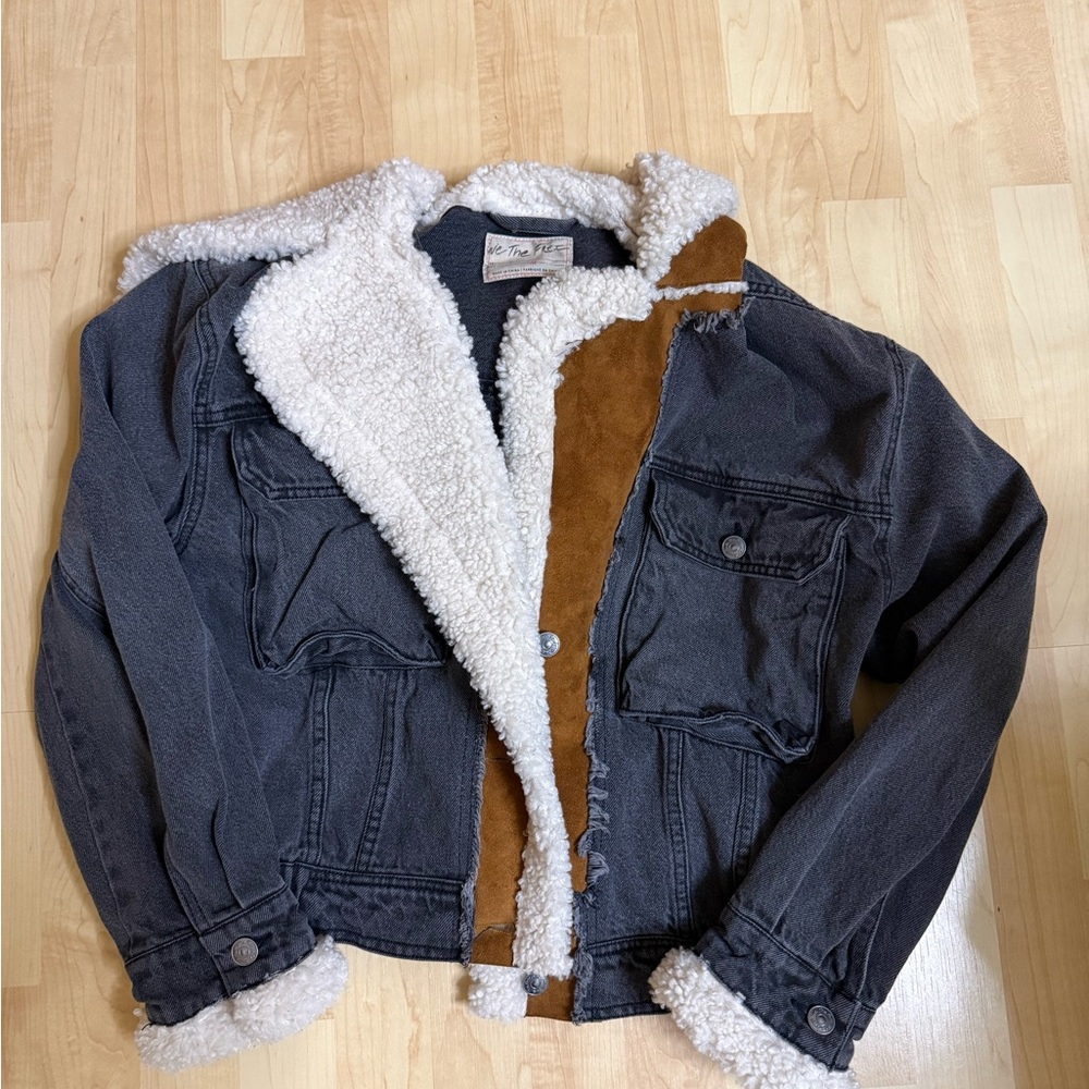 Sherpa-Lined Black Denim Jacket with Brown Suede Trim